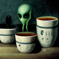 Aliens in the Kitchen Drinking Coffee