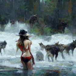 Bikini Cowboy Girl Takes the Wolves to a Rocky Lagoon