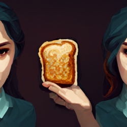Standing Side by Side, One of Them Held a Slice of Toast Up